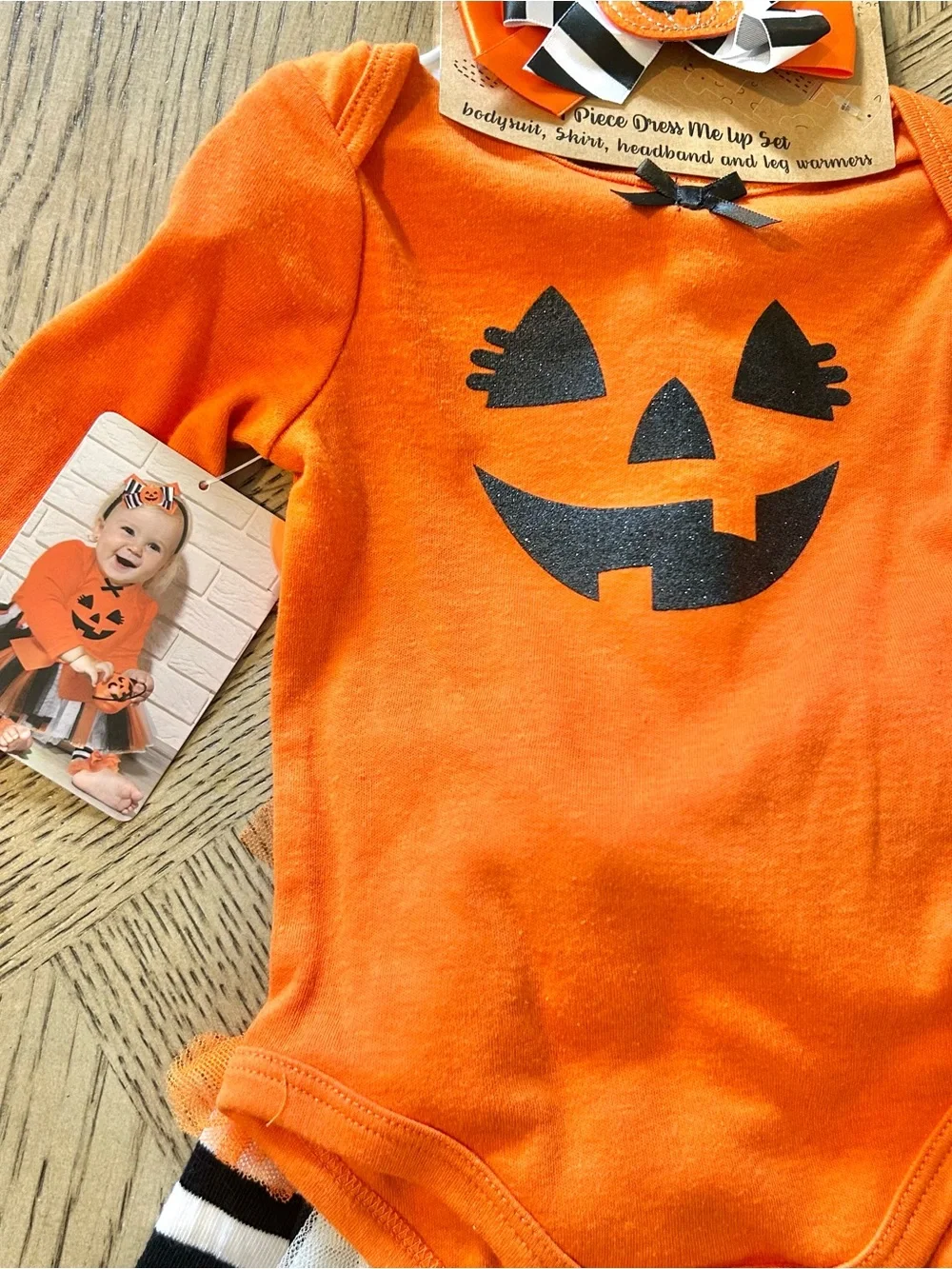 Orange Pumpkin Face Baby Girls Halloween Costume Bodysuit Set